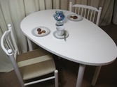 White egg-shaped desk or dining table and two chairs - SOLD